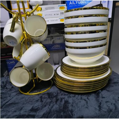 24 Piece Elegant White Gold Ceramic Dinner Set.