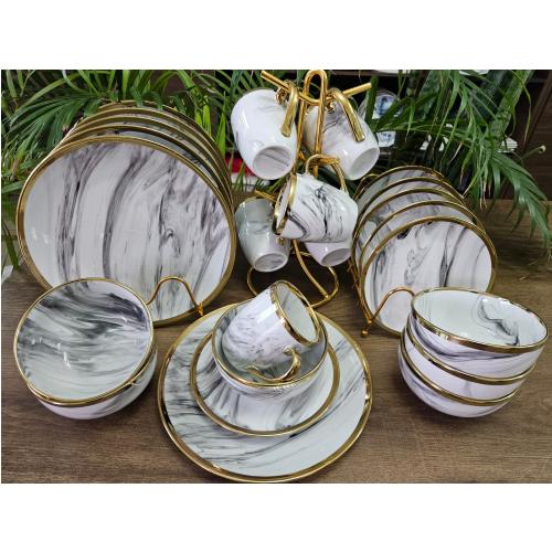 Luxury 24 Piece Grey and White Marble Ceramic with Gold Rim Dinnerset.